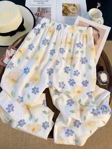 Pantalones rectos sueltos con cintura elástica, estampado de lunares y parches de encaje, adecuados para uso diario.Pantalones de lunares, pantalones con ribete de encaje, pantalones blanco y negro, pantalones de lunares blanco y negro para mujer - Multicolor 3 - Ver 2