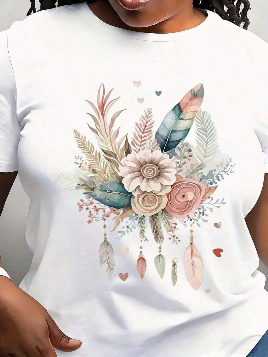Camiseta de manga corta para mujer, ligera, con estampado floral, diseño de flores en rosa vibrante y azul, cuello redondo informal para conjuntos de primavera/verano, perfecta para el ocio, deportes y citas, camisetas para damas. Camiseta de manga corta de algodón puro, holgada, casual y ajustada para el verano. - Blanco - Ver 1