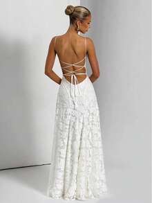 Women's Heavy Embroidered Floral Applique Backless Spaghetti Strap Maxi Dress For Party Wedding Vacation Evening Gala 2026 Elegant Floral Embroidered Backless Maxi Dress Sleeveless Spaghetti Strap Long Gown For Wedding Guest Honeymoon - 白色 - 查看 3