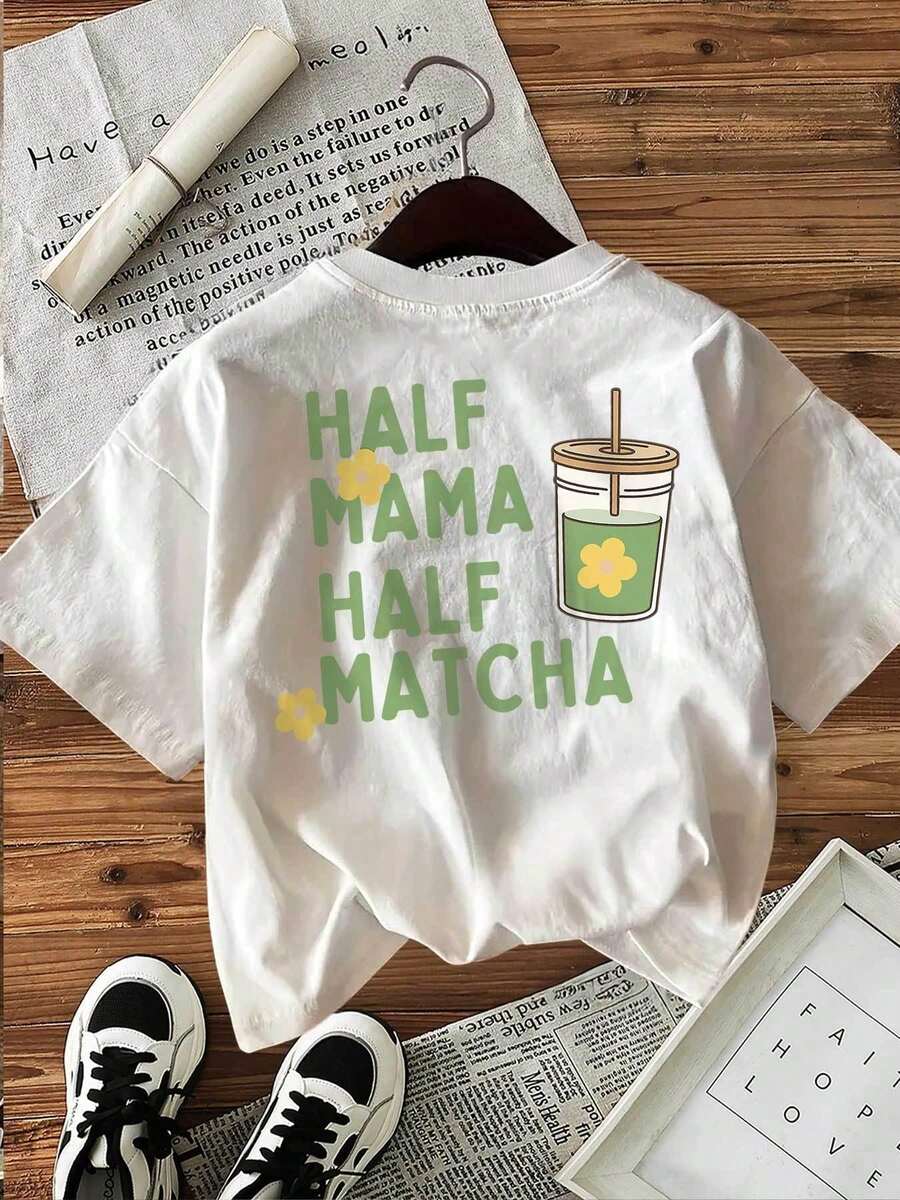 HALF MAMA HALF MATCHA Short Sleeve Crew Neck T-Shirt, Women's Casual Spring And Summer Top, Floral And Matcha Print, Fresh Style. - Unisex Cotton Short Sleeve Crew Neck T-Shirt, Vintage Urban Style, Women's Blouses. Casual Blouses For Ladies. - 白色 - 查看 1