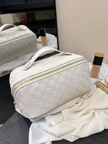 1件夏季防水化妝包，大容量浴室盥洗包，多功能雙層化妝包，大容量化妝品收納包，化妝品收納袋，旅行收納袋，旅行配件，旅行必需品，度假必需品，浴室必需品，適合存放與整理口紅、化妝刷、眼影盤、保養霜、面紙、面膜、化妝品等，適合母親節禮物、生日禮物、伴娘禮物、畢業季禮物、週年紀念禮物，美學風格 - 棕色 - 查看 5