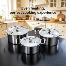 3-Piece Stainless Steel Cookware Set, Double Handle Stainless Steel Cookware Set With Lids, Induction Hob Compatible, Kitchen Utensils, Stainless Steel Pot - View 6