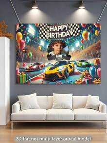 Fondo personalizable con foto y nombre tema de carreras Feliz Cumpleaños, diseño de pista de carreras con banderas negras y blancas y globos, pancarta de fotografía, material de vinilo, decoración de fiesta - Sección B - Ver 3