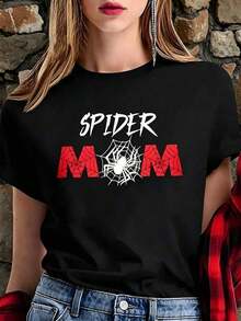 White T-Shirt With Funny Phrase "SPIDER MOM" And Red Spider, Dark Aesthetic Spiderweb T-Shirt, Casual Blouse Mother's Day Gift, Halloween Tops And Insect Print Blouses Cute 100% Cotton - 黑色 - 查看 6