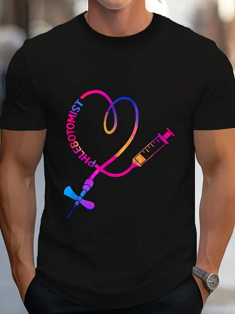 Camiseta Tie Dye con Estampado de Corazón para Técnico de Flebotomía, Flebotomista, Enfermera de Sangre, Camiseta Gráfica Casual para Hombre y Mujer, Estilo Unisex, Verano 2026, Camiseta Estampada de Manga Corta 180G - Negro - Ver 1