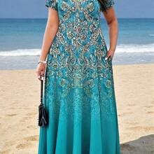 Plus Size Women Fashion Printed Pocket Casual Vacation Dress Summer Elegant - Azul menta - Ver 2