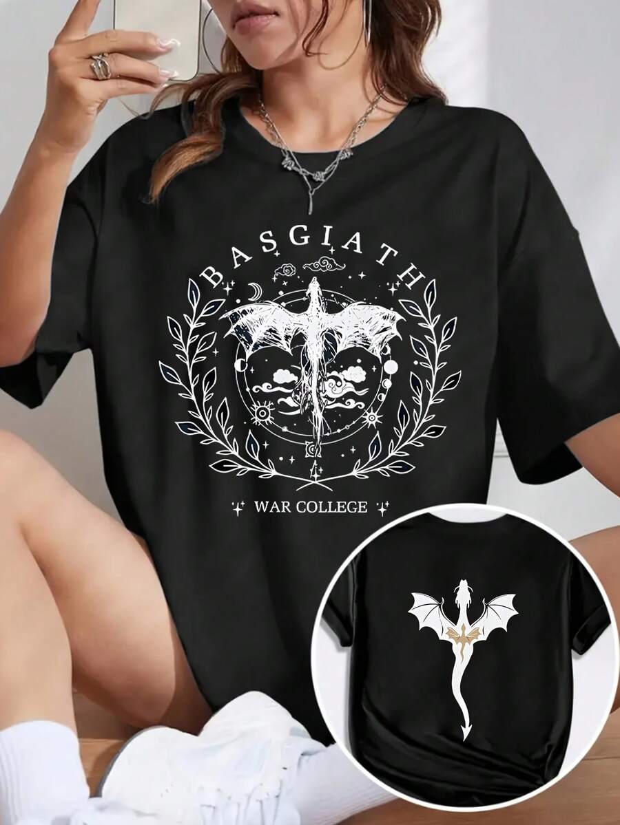 Women's T-Shirts 100% Cotton 2026Dragon Element Print Casual Women'S Sport T-Shirt Korean Style - Black - View 1