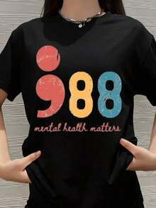 Camiseta 988 Mental Health Matters para Hombres y Mujeres, Estilo Vintage Unisex, con Gráficos de Números Coloridos y Mensaje Motivacional para la Concientización sobre la Salud Mental, el Autocuidado, la Promoción del Bienestar Emocional y la Intervención en Crisias, en el Día Nacional de Prevención del Suicidio o en Cualquier Otro Día. - Negro - Ver 7