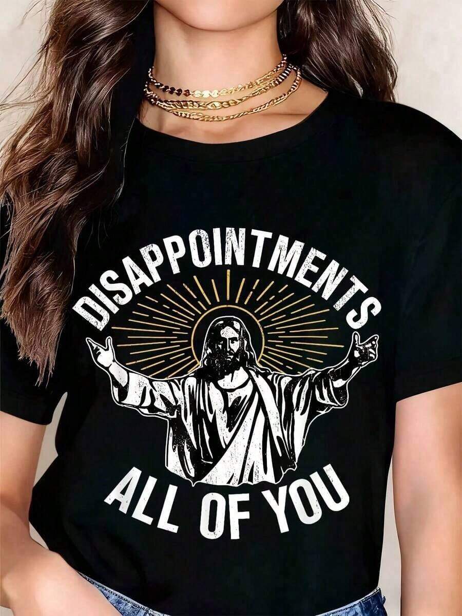 White Loose Fit T-Shirt With Graphic Print Of Jesus Christ With Radiant Halo And Disillusionment Quotes, For Women's Everyday Casual Wear | Christian Faith | Bible Verses/Footprints Of Jesus | Pure Cotton, Soft And Breathable | For Everyday Wear/Church | Preferred By Believers And As A Gift - 黑色 - 查看 1