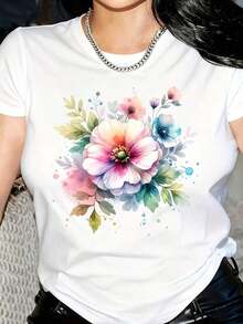 Camiseta de flores de primavera, camiseta con pintura en acuarela, camiseta de flores florecientes, camiseta casual de talla estándar para mujer, transpirable, ligera, de manga corta. - Blanco - Ver 7