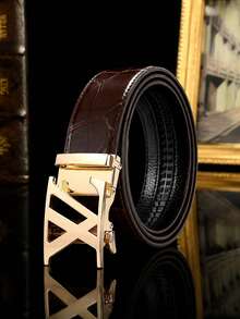 Men's PU Automatic Ratchet Buckle Belt, Crocodile Embossed Hollow Letter Buckle, Adjustable Business Casual Belt, Suitable For Men's Jeans, Suits, Formal Wear, Daily Outfits - Multicolor - View 16