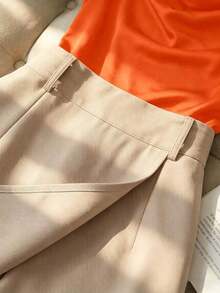 1 conjunto de top sin mangas de cuello en V ajustado de color marrón con falda pantalón de oficina de color albaricoque para mujer - Naranja - Ver 6