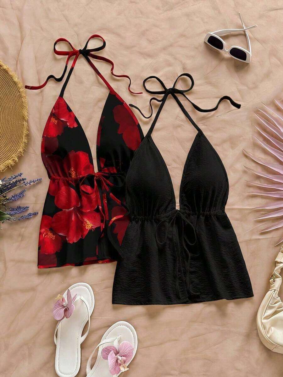2 piezas Camiseta sin espalda con escote en V y tirantes con estampado de leopardo sexy, adecuada para vacaciones, citas, té de la tarde, vacaciones, festivales de música, estilo bohemio - Multicolor 19 - Ver 1