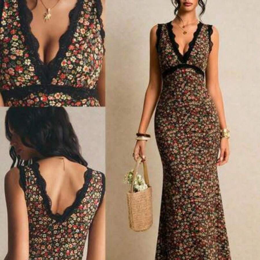Elegant Ditsy Floral Sleeveless Dress, Suitable For Vacation Tea Party Tea Party Tea Party Pink Floral Floral Floral Summmer Summmer - Negro - Ver 1