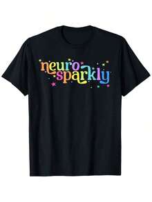 Camiseta de estilo vintage para mujeres de talla grande, con diseño de concientización sobre neurodiversidad y TDAH, con letras brillantes de colores neón y patrones de estrellas/corazones, de cuello redondo y manga corta, ideal para usar en exteriores en verano. - Negro - Ver 2
