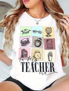 Women's 100% Cotton 2026 Retro Back To School Teacher Shirt, Inspirational Teacher T-Shirt, Minimalist Teacher Graphic T-Shirt, Educational Bow And Pencil Print, Plus Size, Casual Short Sleeve Round Neck First Day Of School T-Shirt For Educators, Events And Teachers, Korean Style - White - View 6