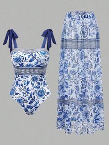 Swim Oasis Conjunto de traje de baño de una pieza con estampado floral y pareo a juego, estilo BOHO para vacaciones de primavera/verano - Multicolor - Ver 10