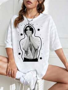 Camiseta Unisex con Estampado de Idol K-Pop, Cuello Redondo, Manga Corta, Diseño Oversized, Ideal para Fans - Blanco - Ver 1