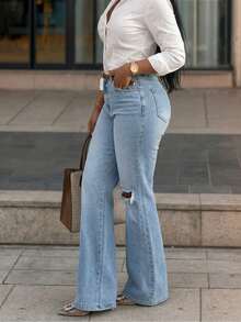 Women's Distressed Elastic Skinny Flare Jeans Casual - Light Wash - View 3