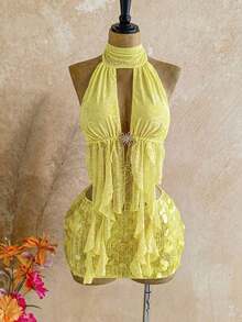 Blusa de mujer con encaje bordado, escote halter, espalda descubierta, tirantes con lazo, bajo fluido y elegante, adecuada para la playa, cruceros y resorts - Amarillo - Ver 4