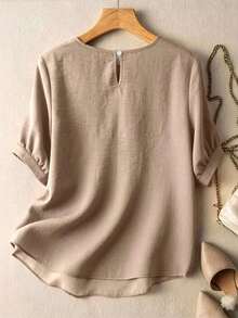 2026 Nueva camisa de verano para mujer, camisa casual de color naranja con parches, ribete de encaje teñido, mangas abullonadas, corte holgado, cuello redondo, manga corta, camisa de mujer con parches de encaje teñido, camisa naranja de mujer, camisa de mujer con ribete de encaje y parches, atuendo de primavera - Caqui - Ver 2