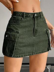 Falda vaquera de cargo de unicolor de verano para mujer - Verde militar - Ver 7