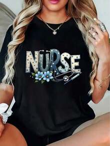 Camiseta Casual con Estampado de Enfermera, Estetoscopio y Flores Azules, Camiseta de Manga Corta Casual con Estampado de Texto, Camiseta para Mujer, 100% Algodón, Duradera - Negro - Ver 5