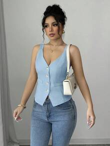 Camiseta sin mangas de un solo pecho de unicolor casual para mujer - Celeste - Ver 4
