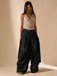 Pantalones sueltos y plisados de unicolor para uso diario de mujer - Negro - Ver 2