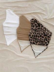Set de 3 blusas de mujer con hombros descubiertos y bajo asimétrico en estampado de leopardo en rojo y negro, inspiradas en el estilo de vacaciones, adecuadas para el verano y la playa - Multicolor 10 - Ver 2