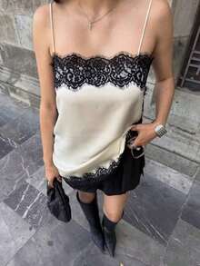Blusa de satén y encaje de estilo minimalista europeo y americano, de moda para el verano, para vacaciones - Blanco 2 - Ver 1