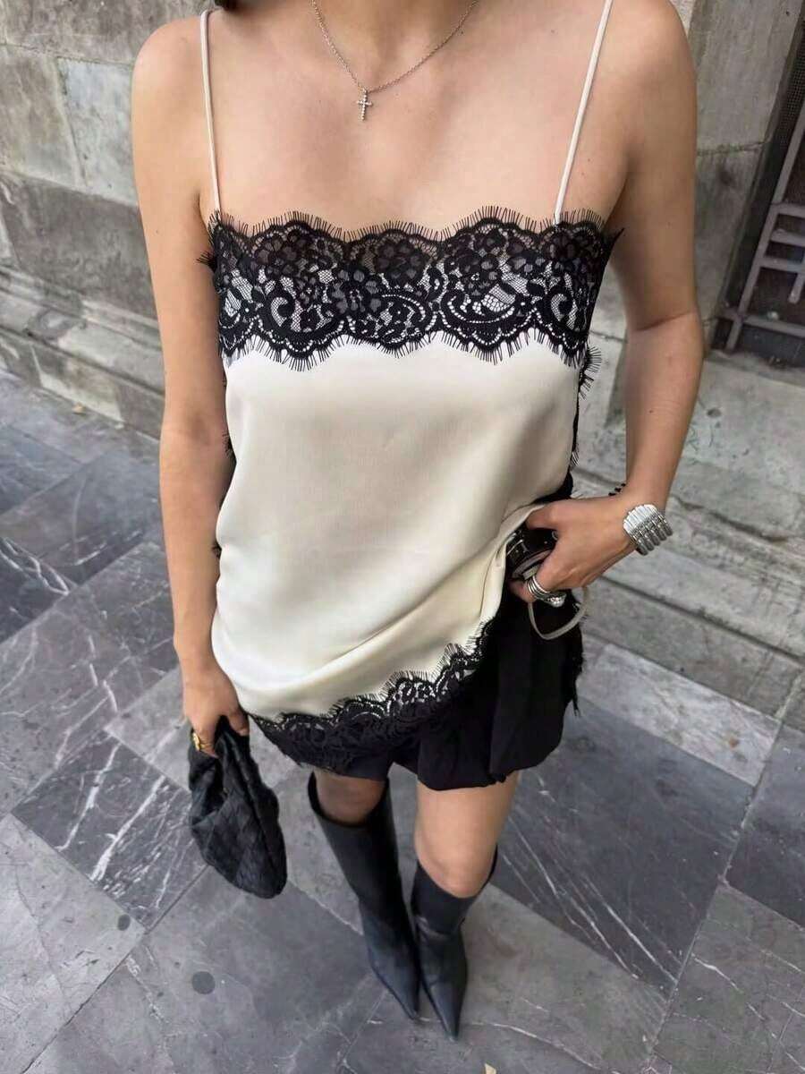 Blusa de satén y encaje de estilo minimalista europeo y americano, de moda para el verano, para vacaciones - Blanco 2 - Ver 1