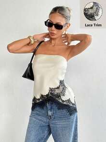 Top bandeau con encaje satinado mate - Albaricoque - Ver 4
