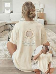 Plus Size, Short Sleeve [Double-Sided Print] Women's Loose Fit Spring/Summer Casual Clothing, Short Sleeve Crew Neck T-Shirt With Sun And Wave Print, 100% Cotton - 杏色 - 查看 6