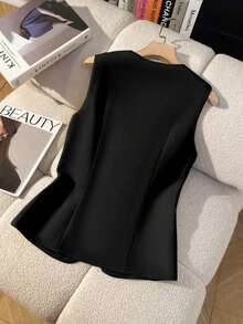 Camisa sin mangas de unicolor y estilo minimalista con botones para mujer - Negro - Ver 2