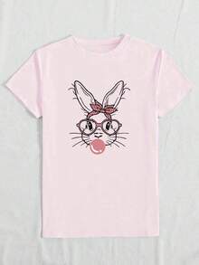 Short-Sleeved T-Shirt With A Round Neck And Cartoon Rabbit Design, Suitable For Casual Easter Wear. - Pale Pink - View 3