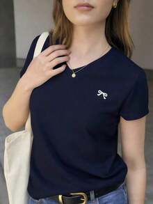 Camiseta de manga corta casual de verano para mujer con estampado de lazo - Azul marino - Ver 1