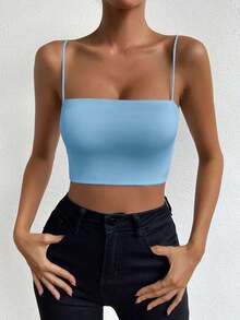 Top corto de color sólido ChicEase - Azul - Ver 3