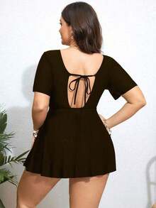 VCAY Vestido de traje de baño informal con cuello en V y cordón ajustable, de manga corta, para mujer de talla grande, a juego con la Bottom - Óxido marrón - Ver 2