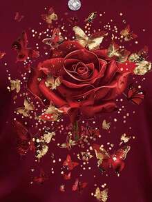 Camiseta de manga corta con cuello redondo, estampado de flores de rosa y mariposas, de estilo casual para mujer, para verano - Rojo 2 - Ver 4