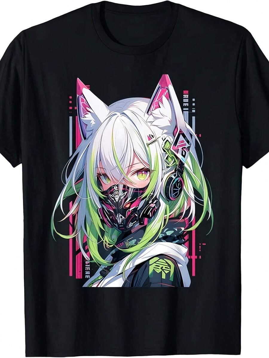 Playera con chica anime cyberpunk de orejas de gato y colores neón, diseño futurista y vibrante para looks urbanos. - Negro - Ver 1