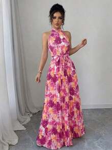 Vestido elegante y romántico con estampado floral, corte evasé y escote halter sin mangas para mujer - Multicolor 7 - Ver 4