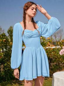 MOD Vestido escote corazón de manga farol pecho con fruncido - Celeste - Ver 6