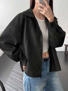 de cuero casual suelta con cremallera en la solapa, chaqueta exterior de manga larga - Negro - Ver 3
