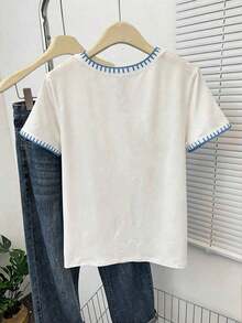 Camiseta de manga corta con estampado de bloques de color y rayas para vacaciones de verano - Blanco - Ver 2