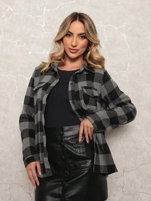 Women's Flannel Plaid Long-Sleeved Shirt - xám - Xem 3
