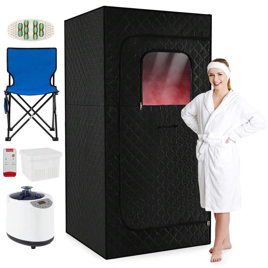 GOFLAME Large Steam Sauna Box 88 X 88 X 180 CM Sauna Tent With 3L Fast-Heat Steamer 15-Level Temperature Home Spa With Remote Control Foldable Chair & Mat - 黑色 - 查看 1