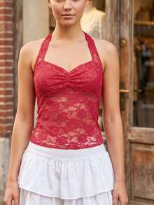 Women's Y2K Lace Halter Tops Sexy See Through Tank Crop Top Going Out Tops Basic Camisole Tops Cute Tops Streetwear - 紅色 - 查看 5