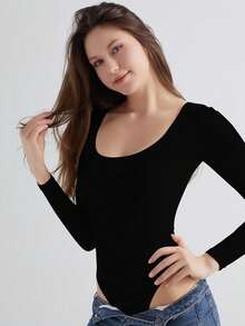 Women's Ribbed U-Neck Long Sleeve Bodysuit - Sculpting Stretch One-Piece Top For Casual, Lounge & Streetwear - 黑色 - 查看 6