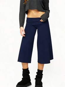 Y2K Fold-Over Waist Wide Leg Cropped Culottes, Low-Rise Casual Knit Pants For Women, Multi-Color Options - 孔雀藍 - 查看 5